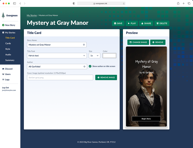 Evergreen editor showing the Mystery at Gray Manor title card