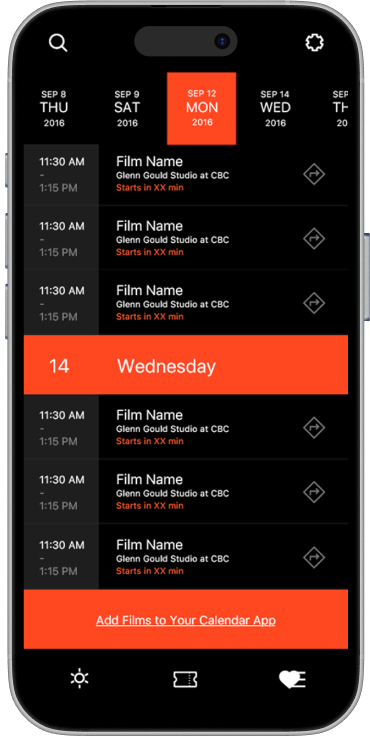 screenshot of TIFF app with screening calendar