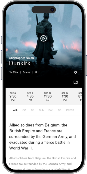 screenshot of TIFF app with screening details