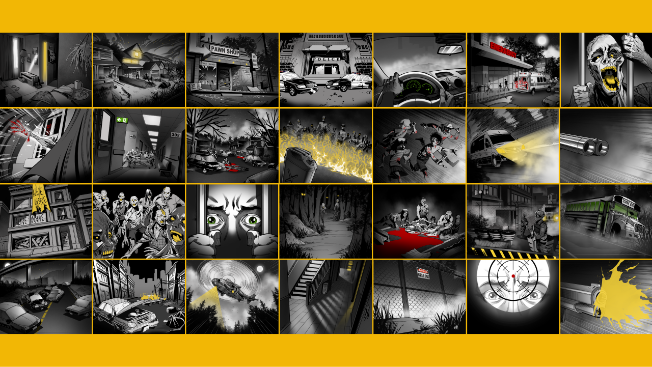 Grid of illustrated scenes from Zday